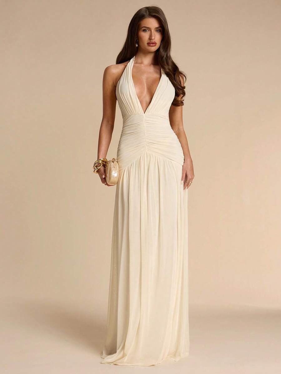 SHEIN BAE Đầm chữ A màu mơ, cổ yếm, cổ chữ V sâu, xếp ly, thanh lịch, thích hợp cho kỳ nghỉ, đi biển, làm phù dâu, dự tiệc trang trọng. - Màu be - Xem 1