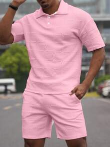 Manfinity Homme 男士休閒 Polo 衫與短褲套裝，極簡風格日常穿著，夏季兩件式綠色布料休閒套裝，不對稱剪裁 - 粉色 - 查看 4