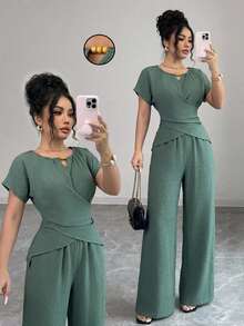 Elenzga Plus Size Women's Elegant Sage Green Summer Formal Blouse & Straight Leg Pants Set,Round Neck Criss-Cross Bow Tie Wooden Bead Decor Fitted Outfits - Green - View 1