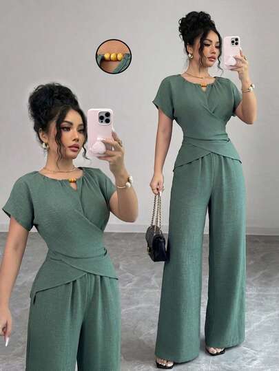 Elenzga Plus Size Women's Elegant Green Round Neck Criss-Cross Bow Tie Wooden Bead Decor Short Sleeve Fitted Blouse + Plus Size Women's Elegant Green High Waist Straight Leg Casual Pants