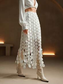 Anewsta Laser Cut Multi Circle Double Layered Skirt - White - View 6
