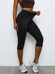 Levarali Celana Legging Olahraga Wanita Ukuran Besar Warna Polos Pas Badan Pinggang Tinggi dengan Kantong, Musim Panas - Hitam - View 1
