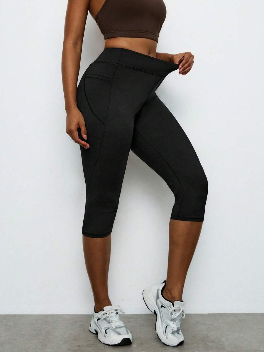 Levarali Celana Legging Olahraga Wanita Ukuran Besar Warna Polos Pas Badan Pinggang Tinggi dengan Kantong, Musim Panas - Hitam - View 1