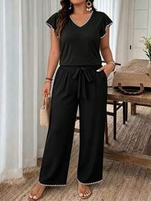 SHEIN Frenchy Bộ 2 món dành cho nữ cỡ lớn, gồm áo và quần tay bồng thêu họa tiết vỏ sò. - Nhiều màu - Xem 4