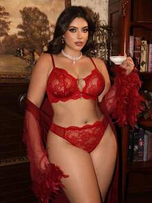 Divavoom 2件套前扣蕾丝无钢圈加大码文胸套装（女士） - 紅色 - 查看 1