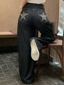 Dazy-Less Quần jeans nữ dáng rộng thoải mái với túi đính hình ngôi sao. - màu đen - Xem 5