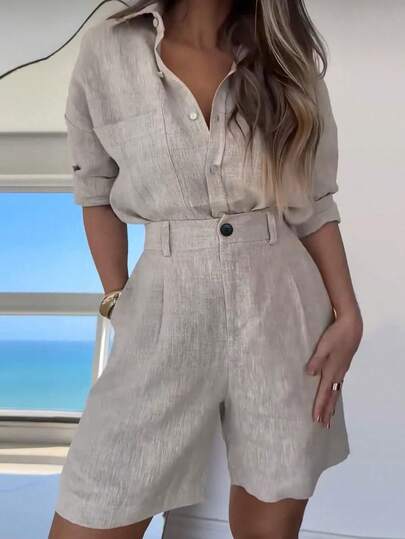 Balvessa Pantalones cortos sueltos y casuales de lino con bolsillos plisados y unicolor para mujer
