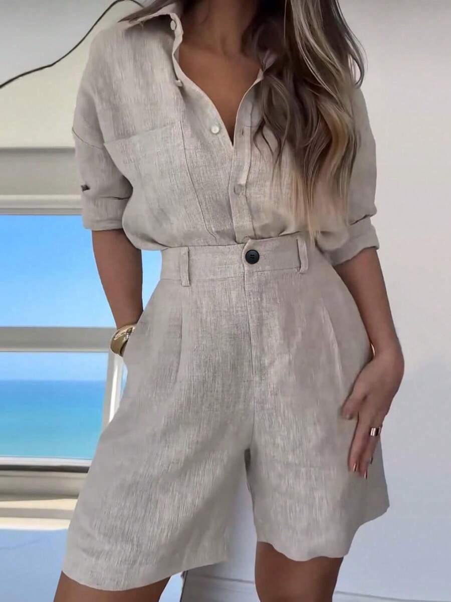 Balvessa Quần short nữ màu trơn, xếp ly, có túi, dáng rộng, chất liệu giả vải lanh. - Màu Khaki - Xem 1