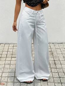Rivivi Jeans droits décontracté pour femmes, de couleur unie avec ceinture, polyvalents pour un port quotidien - Blanc - Voir 4
