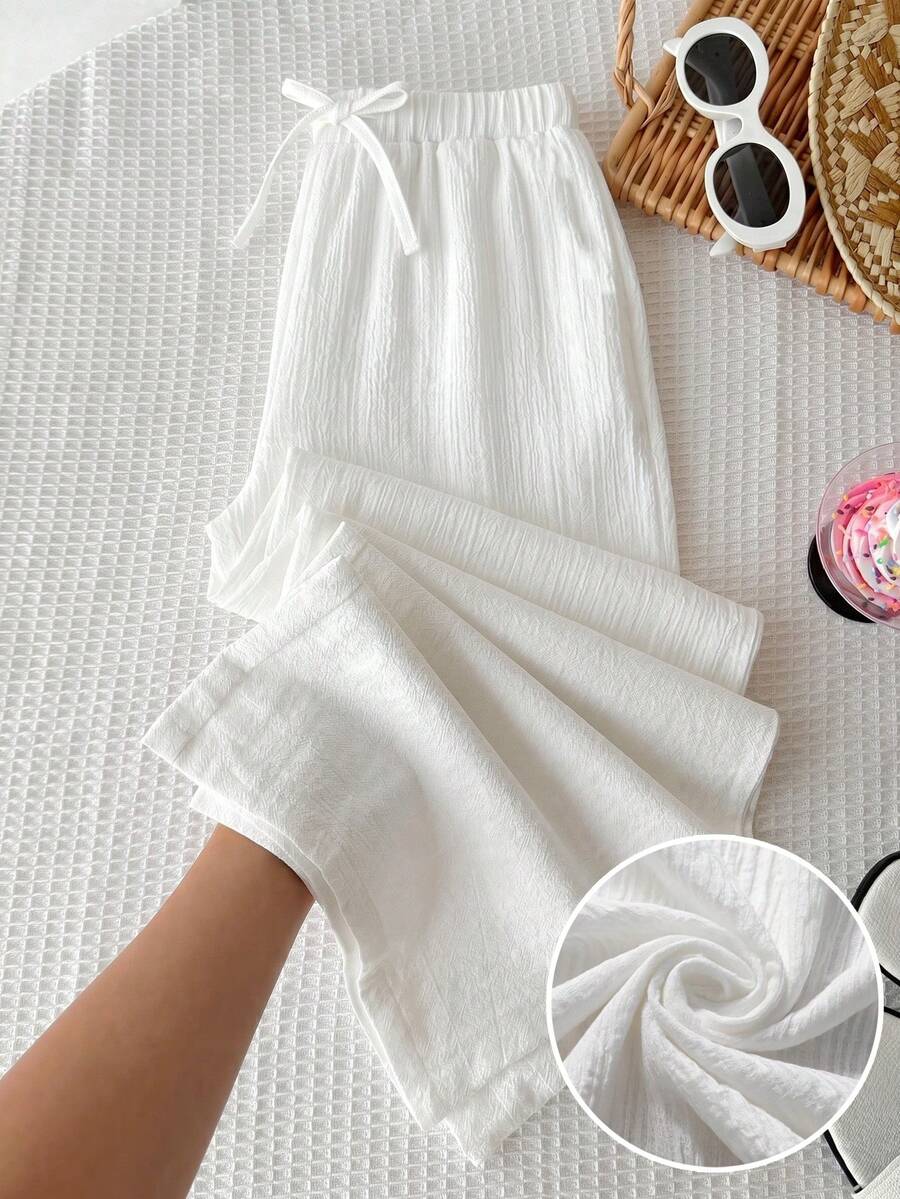 SHEIN Quần ống rộng chất liệu có họa tiết, kiểu dáng thoải mái cho bé gái tuổi teen, thích hợp cho kỳ nghỉ hè. - trắng - Xem 1