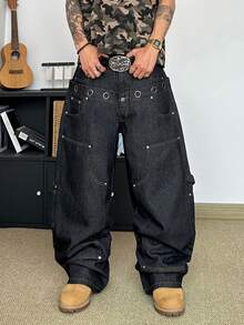 STEELVANCE Jeans casuales rectos y anchos de moda callejera retro para hombres, con diseño de remaches y ojales, de bolsillos múltiples y versátiles - Negro - Ver 6