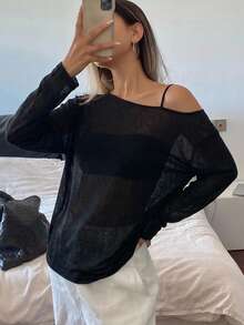 DAZY 女士纯色透视简约长袖上衣，休闲装 - 黑色 - 查看 3