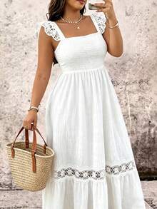 Breezaya Vestido de talla grande con dobladillo de volantes de encaje hidrosoluble y parches - Blanco - Ver 4