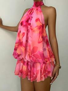 Aloruh Vestido mini elegante de mujer con cuello de halter y efecto degradado de color - Multicolor - Ver 4