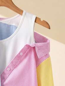 SHEIN Sparklyn 一件少女斜肩翻领两合一竖条纹长袖衬衫。粉色、浅蓝色和浅黄色马卡龙色调的独特配色，赋予其青春、个性、活力四射的感觉。适合女孩春夏日常休闲穿着和通勤。 - 彩色 - 查看 5