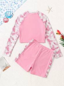 SHEIN Set Baju Renang Atasan dan Celana Pendek Lengan Raglan Motif Tanaman Tropis untuk Remaja Perempuan - Berwarna merah muda - View 2