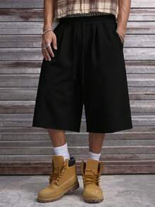 AXEPEAK Men's Solid Color Drawstring Waist Loose Casual Shorts - Black - View 4