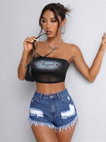 SHEIN PETITE Summer Casual Ripped Frayed Slant Pocket Denim Shorts ,Petite Women - Medium Wash - View 5