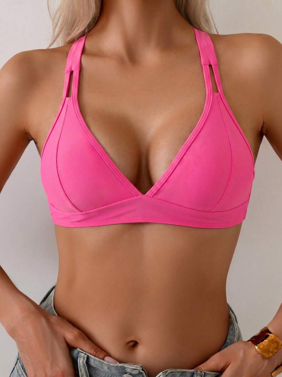 SHEIN Swim 女士纯色交叉后背带简约休闲比基尼上衣 - 玫紅色 - 查看 1