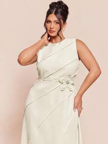 SHEIN BAE Women's Elegant White Summer Wedding Sleeveless Maxi Dress,Plus Size Chic Round Neck Long Gown With Unique Panel Design And Waist Flower Accent - Beige - View 7
