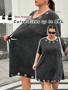 SHEIN CURVE+ 大码女装春夏新款休闲圆领短袖水洗雪花复古针织宽松迷你连衣裙，适合日常穿着、派对、音乐节、返校、度假、街头风、探索、城市漫步等多种场合，夏季必备单品 - 黑色 - 查看 8