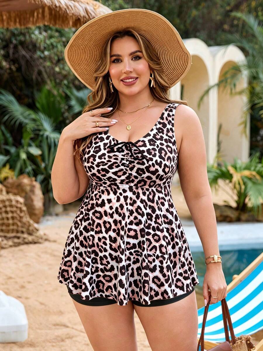 SHEIN Swim Plus Size Women 2pcs Random Print Tankini Swimwear Set, Front Drawstring Tummy Control, Minimalist Beach Vacation - Multicolor - View 1