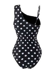 Swim Chiccia 新款女式泳衣，針織優雅純白色單肩金屬裝飾腰部打褶式一件式泳衣 - 黑與白 - 查看 4