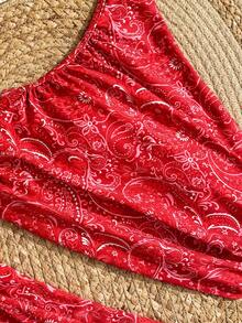 Swim Vcay Bộ 2 món gồm áo bikini hai mảnh màu đỏ tía in họa tiết Paisley và hạt điều, kiểu dáng nhún vai và quần cạp cao, đồ bơi nữ. - Nhiều màu - Xem 6