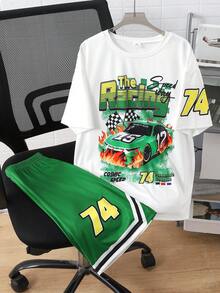 2pcs/Set Boys' Racing Car Print Short Sleeve T-Shirt And Shorts,Back-To-School Streetwear School Outfit For Summer,Dark Green Casual Summer Fashion - Green - View 5