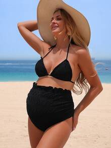 SHEIN 2026SS New Women's Maternity Swimwear Set For Summer Beach Holiday, Elegant Boho Black Twist Pleated Shorts Modest Bohemian Vintage Casual Swimwear - Multicolor - View 4
