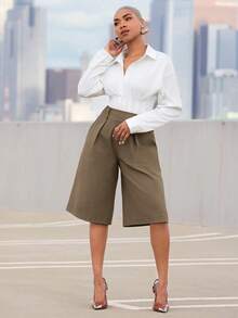 Vixey High Waist Pleated Detail Wide Leg Culotte Pants Office Wear Workwear Desk To Dinner Olive Green Summer Casual - Brown - View 1