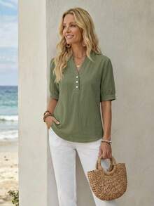 EMERY ROSE Camisa verde militar 100% algodón para mujer, versátil para el trabajo, el transporte, el uso casual y las vacaciones - Negro - Ver 4
