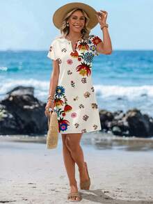 SHEIN LUNE Casual Minimalist V-Neck Short Dress For Women, Suitable For Spring/Summer - Multicolor - View 4