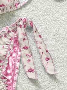 Soleia 女士复古彩色豹纹、斑马纹、花卉印花荷叶边系带流苏装饰比基尼套装，适合海滩度假 - 粉色 - 查看 5