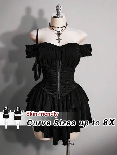 SHEIN CURVE+ Plus-Size Women's Black Pleated Jacquard Dress With A Fitted Waist, Featuring Pleated Decorations, One-Shoulder Layered Pleated Hem, A-Line Chiffon Mini Dress, Party & Casual Gothic Dress, Black Fitted Waist Dress, Vampire Dress, Off-Shoulder Dress