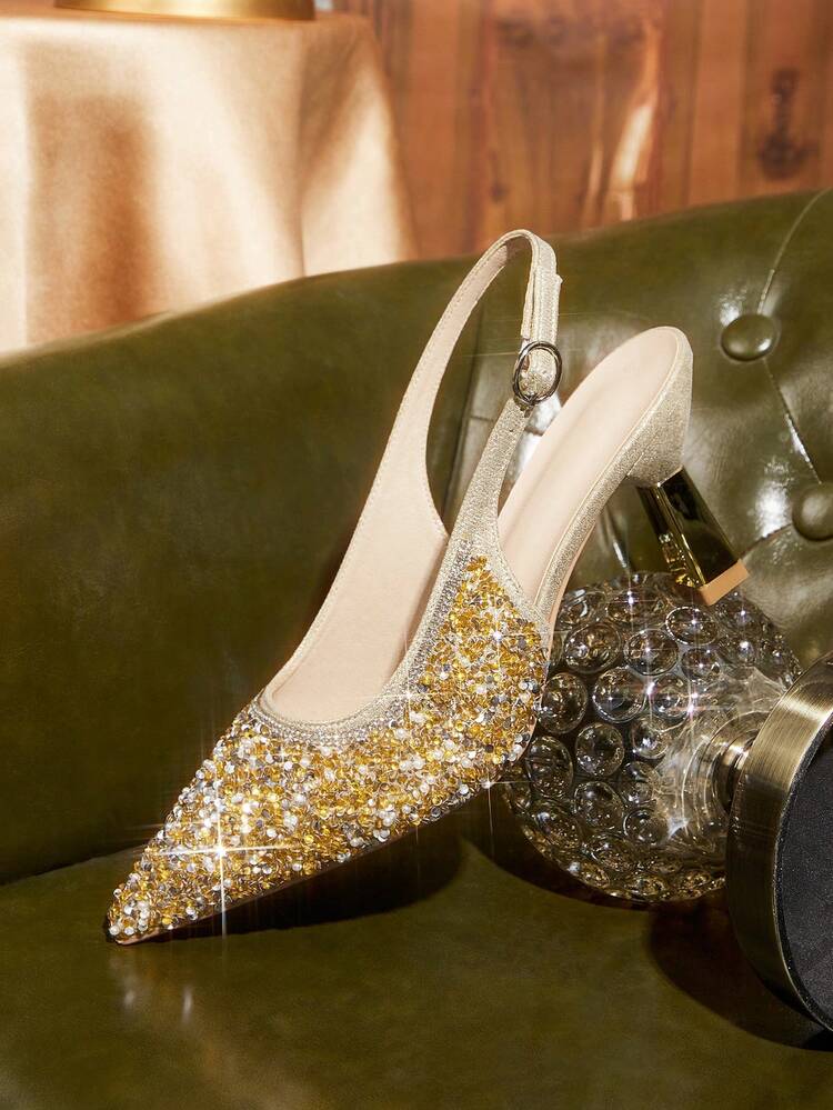 CUCCOO TILAWA Summer Ladies Elegant Luxury Rhinestone Back Empty Shoes Shopping Party Commuter Office Fashion Pointed Golden Heels