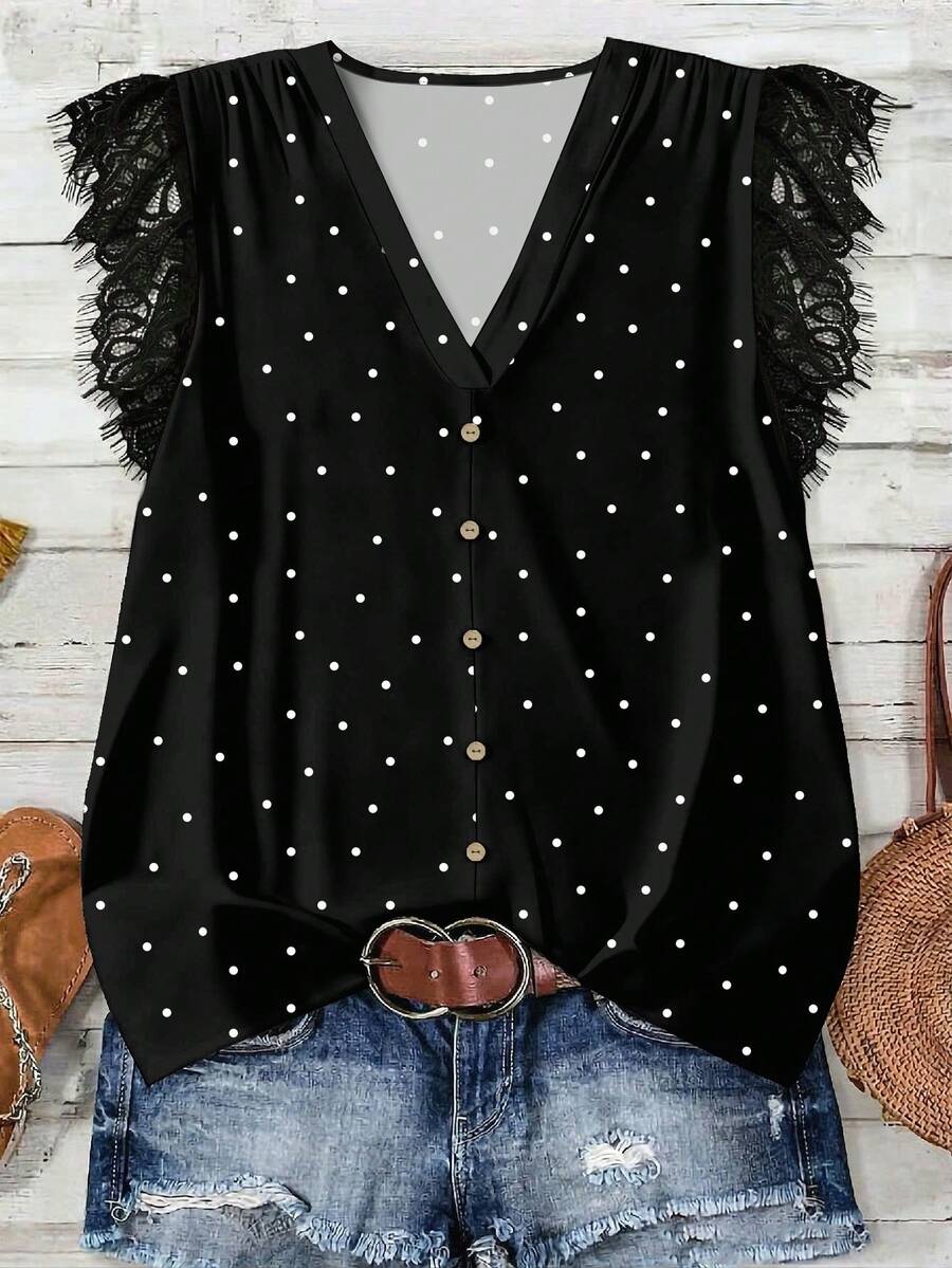 Mellowie Blusa negra de manga corta con cuello en V, dobladillo con volantes, estampado de lunares retro y encaje romántico casual, adecuada para el verano y las vacaciones, talla grande - Multicolor - Ver 1