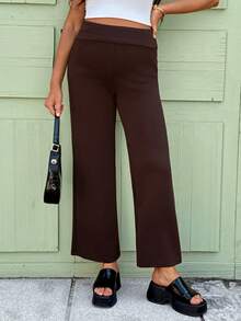 SHEIN Maternity Solid Color High Waist Casual Loose Pants - Coffee Brown - View 6