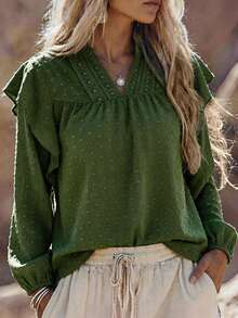 Blouse ample de mode à col V en dentelle contrastée, manches lanternes et ourlet à volants - Militaire verte - Voir 3