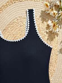SHEIN Black One-Piece Swimsuit For Teen Girls,Nylon Fabric,White Floral Straps And Leg Cuffs,Fashionable Resort Holiday Style For Summer,Beach,Hot Spring - Black - View 4