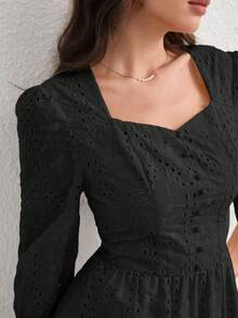 Modelyn 女款長版刺繡泡泡袖洋裝，優雅浪漫，淺黃色，春夏款 - 黑色 - 查看 6