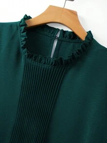 Linhara 时尚休闲法式复古优雅舒适通勤荷叶边领衬衫 - 墨綠色 - 查看 3