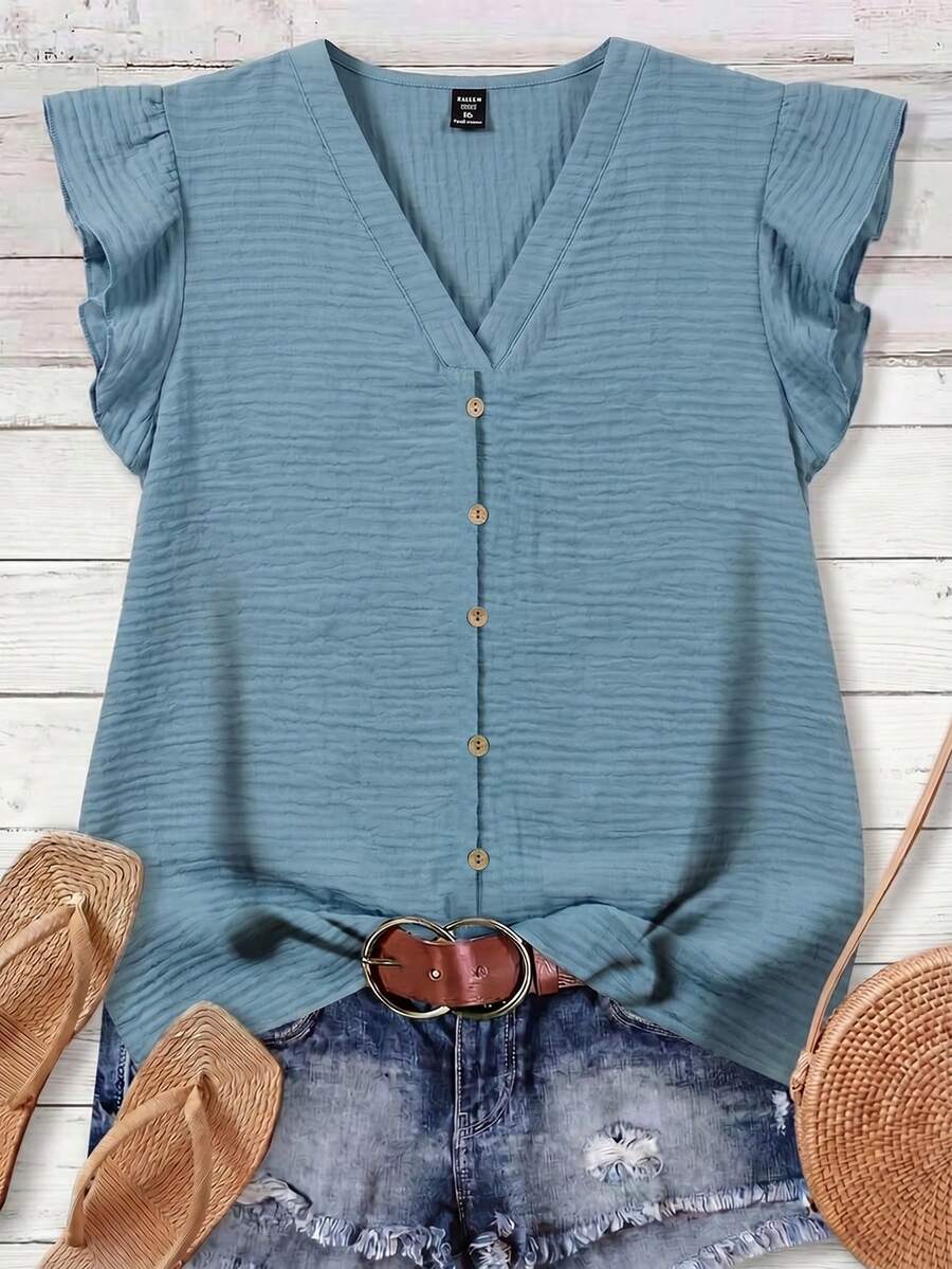 Rusticease Casual Minimalist Style Double-Layer Blue Cotton Crepe Women Shirt, Versatile & Suitable For Spring/Summer, Vacation Style - Blue - View 1