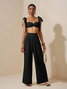 Zivah Bộ đồ đi biển mùa xuân hè mới, kiểu dáng thường ngày, áo crop top cổ trái tim buộc dây vai và quần ống rộng, màu mơ, chất liệu vải có họa tiết. - màu đen - Xem 7