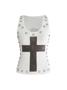 ROMWE Grunge Punk Camiseta ajustada con estampado de calavera, cruz y ojetes, estilo punk metal para festivales de música de verano - Blanco - Ver 1