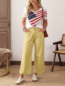 EMERY ROSE Plus Size Casual Versatile Solid Color Wide Leg Jeans Holiday Vacation Light Yellow Summer - Yellow - View 4