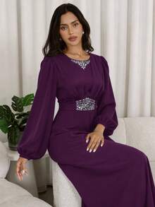 Veilorie Nuevo vestido de cóctel elegante y de lujo con cintura fruncida y adornos de strass, elegante para fiestas - Bold Plum - Ver 6
