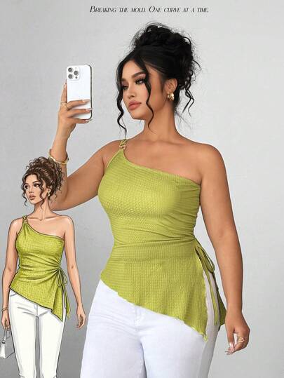 Elenzga 2026 Blusa de fiesta con un hombro, decoración metálica, volantes en el bajo y cordón ajustable para mujer talla grande