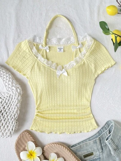 SHEIN Tween Girl Casual Lace Trim V-Neck Ribbon Bow Decor Fitted Stretchy Ribbed Short Sleeve Solid Color T-Shirt Top, Yellow