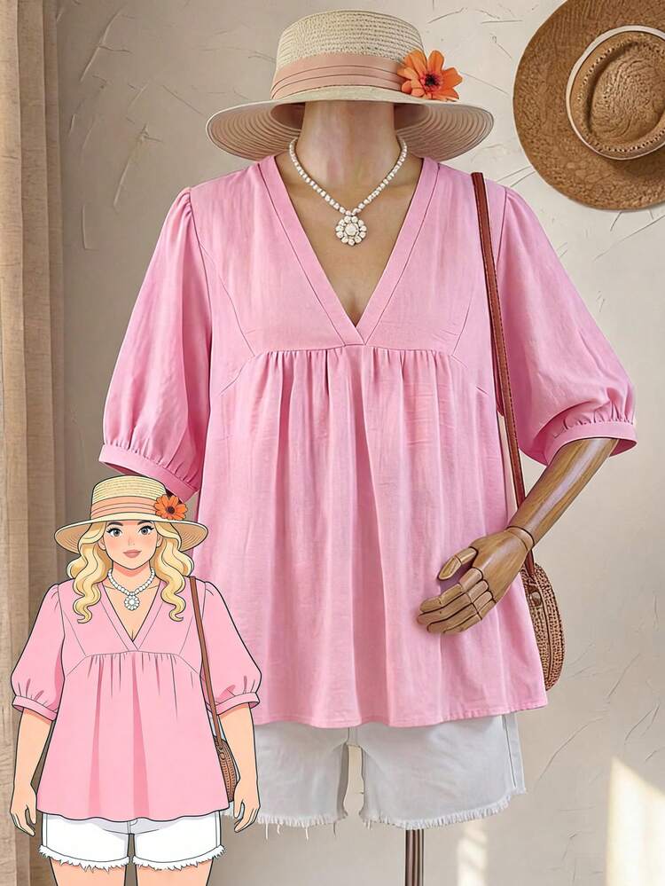 Plus Size Women's Solid Color V-Neck Petal Sleeve Casual Shirt Peplum Tops Women's Country Clothing Casual Blouse For Women Vacation Outfits Women Pink Tops Summer Outfits For Women Blouse For Women Casual